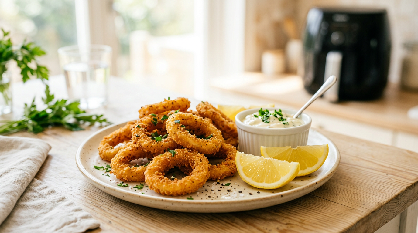Sprøde calamari-ringe med citron, persille og dip på tallerken