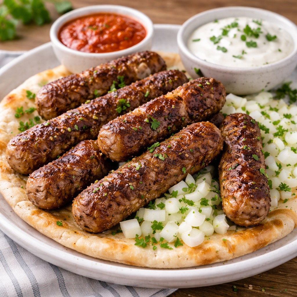 Ćevapi på fladbrød med hakket løg, ajvar og cremet dip på tallerken