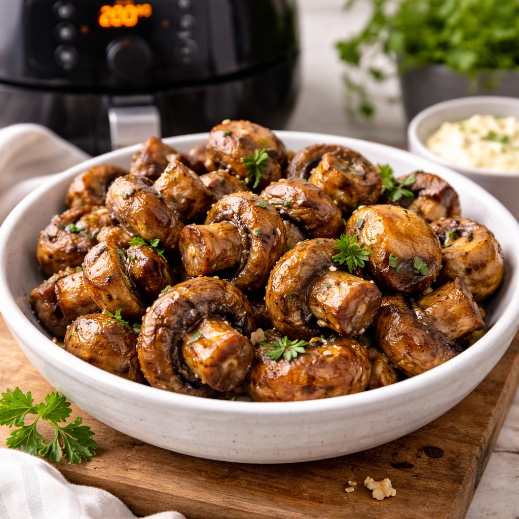 Skål med hele ristede champignon i mørk glace, pyntet med persille, airfryer med 200 grader og 15 minutter på display
