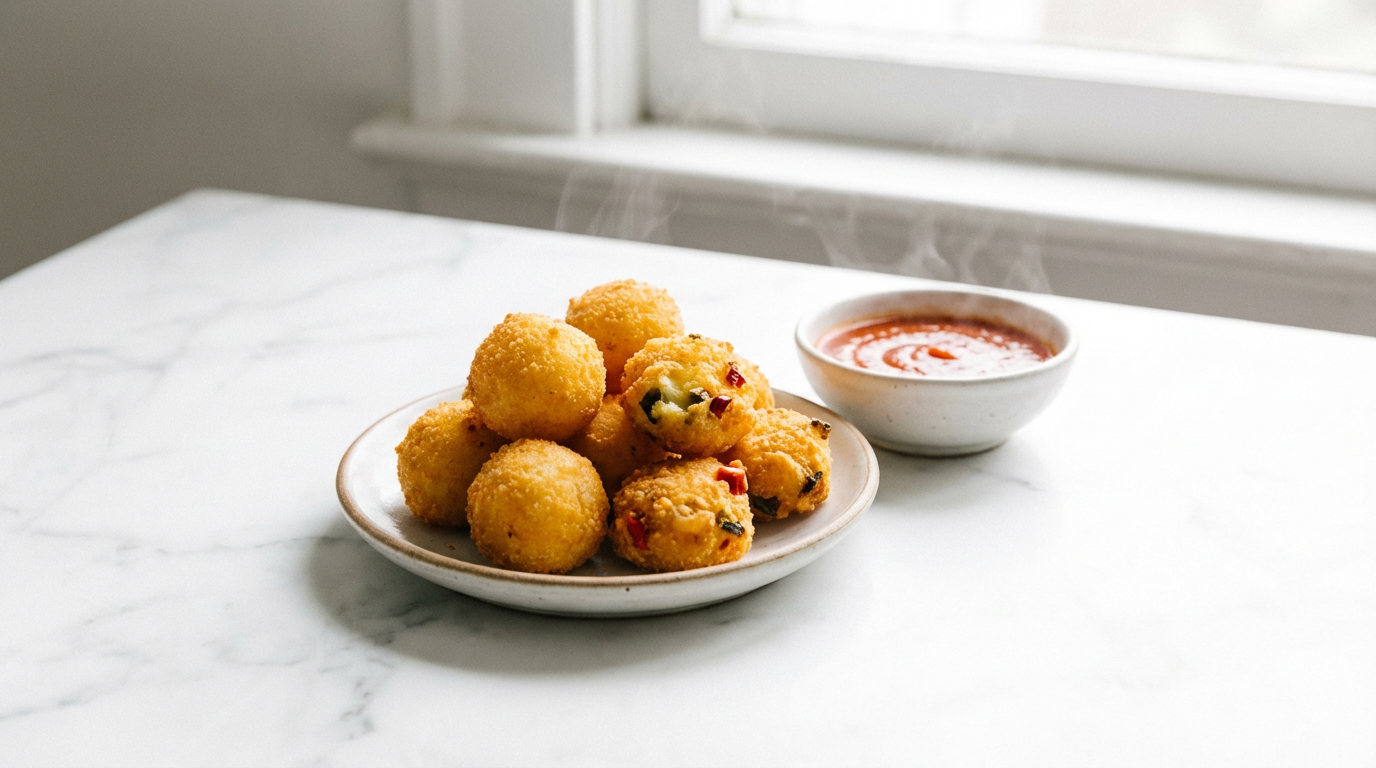 Gyldne ostekugler med rød dip på lille tallerken, damp, lyst studiofoto airfryer snack