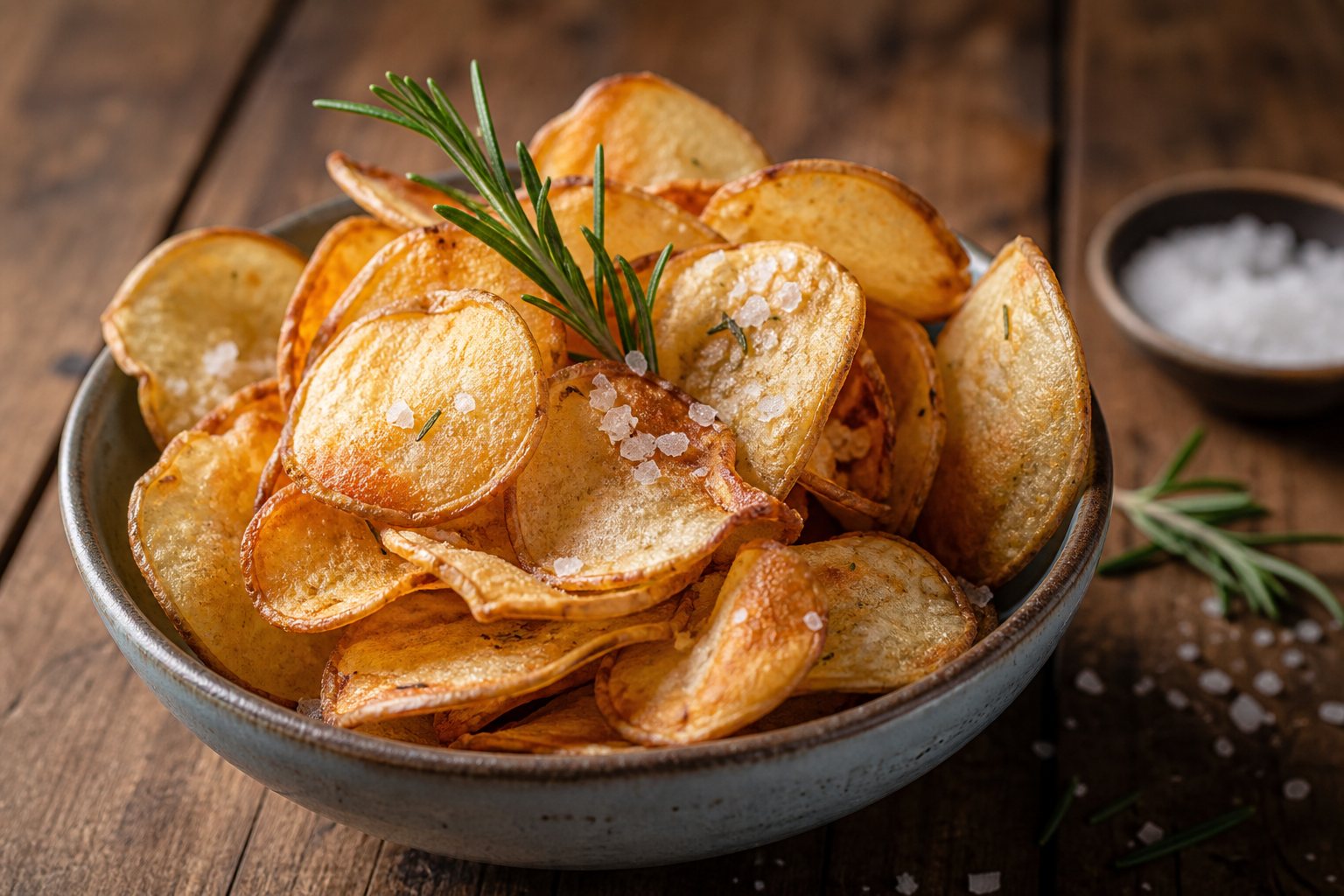 Rustik skål med hjemmelavede kartoffelchips, havsalt og rosmarin