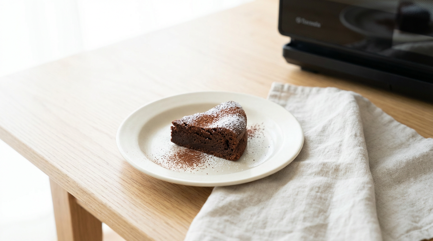 Lille mørk chokoladekage på fad med et skåret stykke og airfryer med form i baggrunden