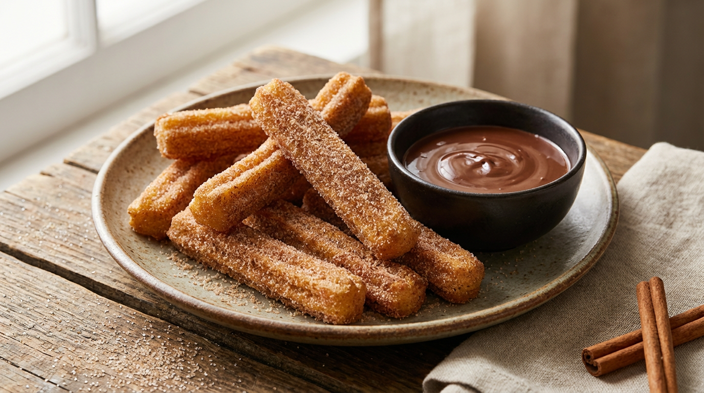 Sprøde churros med kanel og chokoladedip på fad