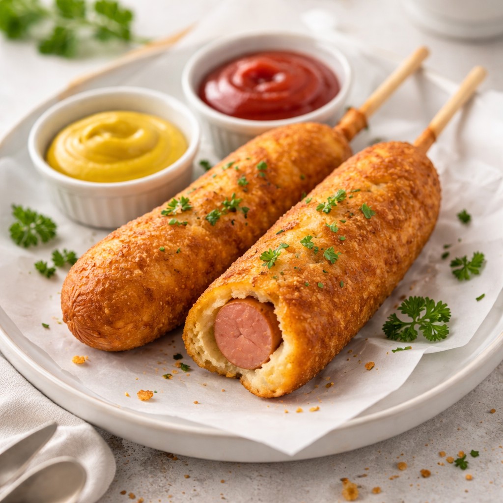 Sprøde airfryer corn dogs med ketchup og sennep på tallerken
