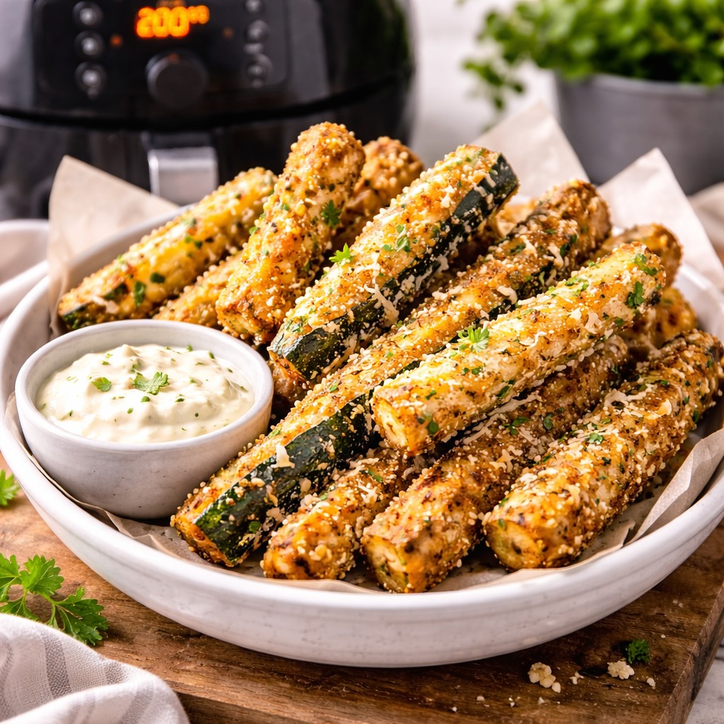 Sprøde airfryer courgette-fritter med parmesan og hvidløg på tallerken