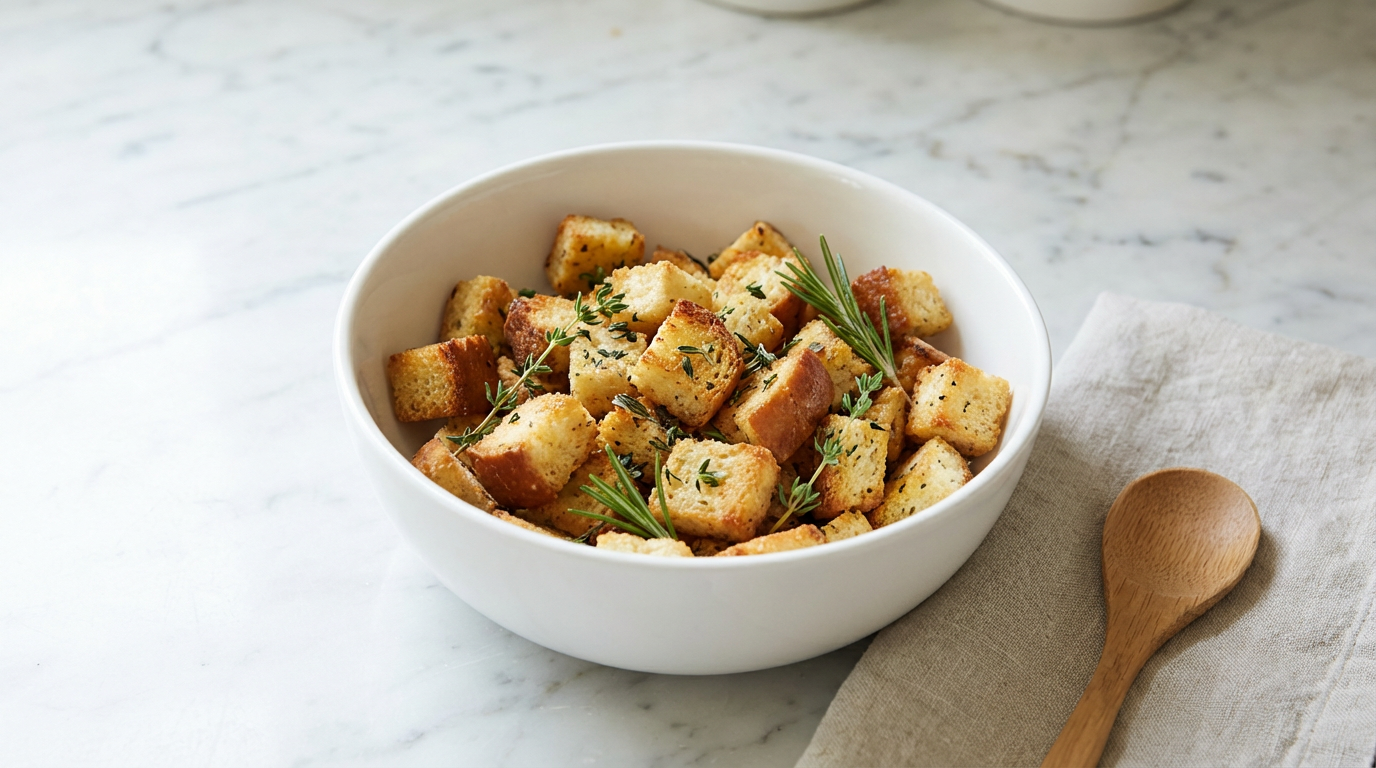 Gyldne brødtern med urter i lille skål på lys underlag, høj key madfoto