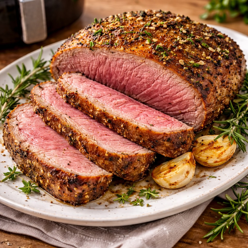 Lys og appetitlig fotostil: skåret culottesteg med rosa midte, urter og ristet hvidløg på off-white tallerken, lyst træbord og grå serviet, airfryer i blødt fokus