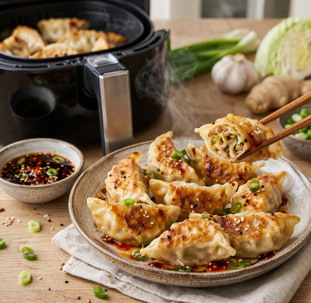 Gyldne gyoza på fad med sesam, forårsløg og chili-soja, spisepinde løfter en dumpling med fyld, sort airfryer med flere dumplings i åben kurv og dip i lille skål