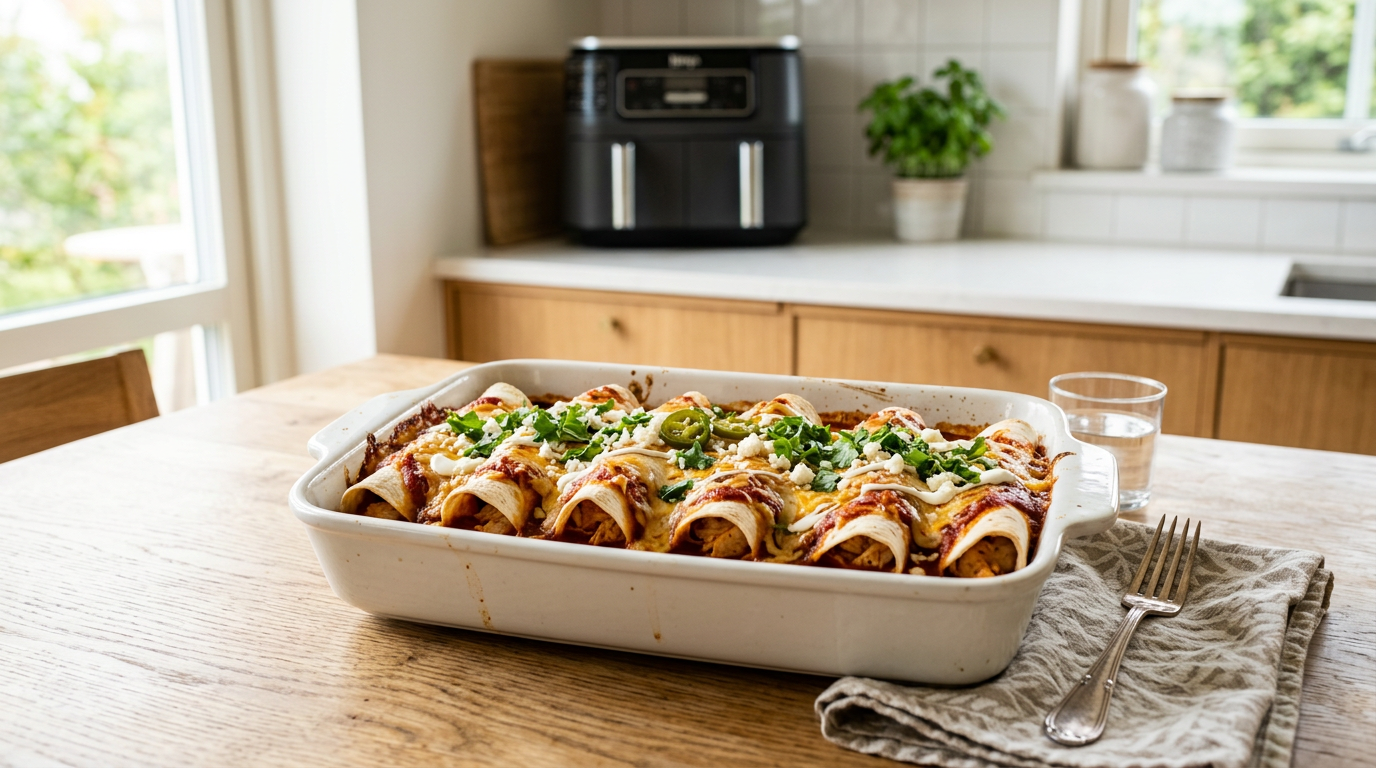 Gyldne enchiladas med ost og tomatsauce i fad, friske urter