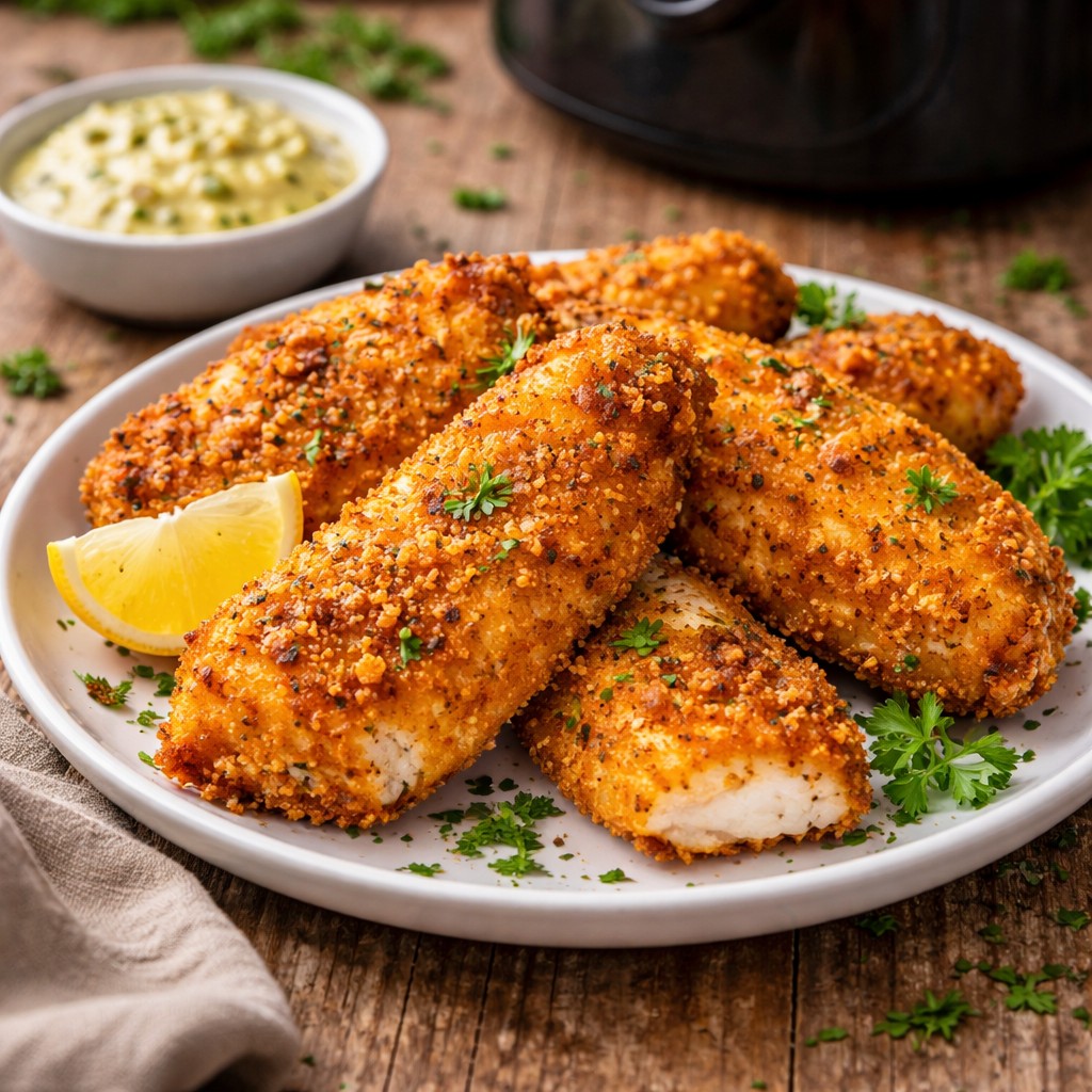Sprøde panerede fiskefileter med citron og persille på tallerken foran en airfryer