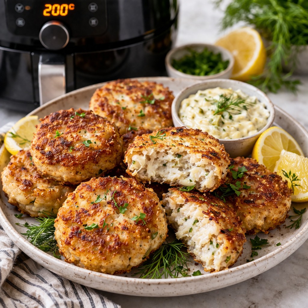 Gyldne fiskefrikadeller på tallerken med remoulade, citron og dild, den ene skåret op med hvid fiskemidte, airfryer med 200 °C på display i baggrunden