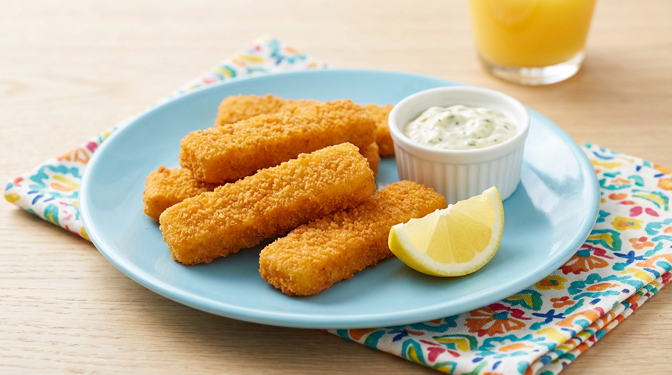 Gyldne fiskepinde med citron og dip på tallerken