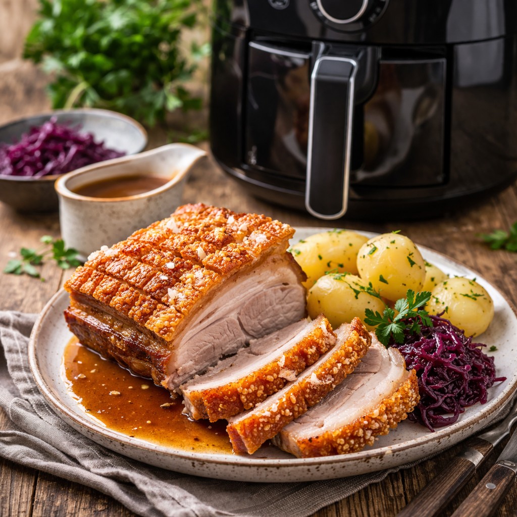 Flæskesteg med sprød svær, brun sovs, kartofler og rødkål serveret foran en airfryer