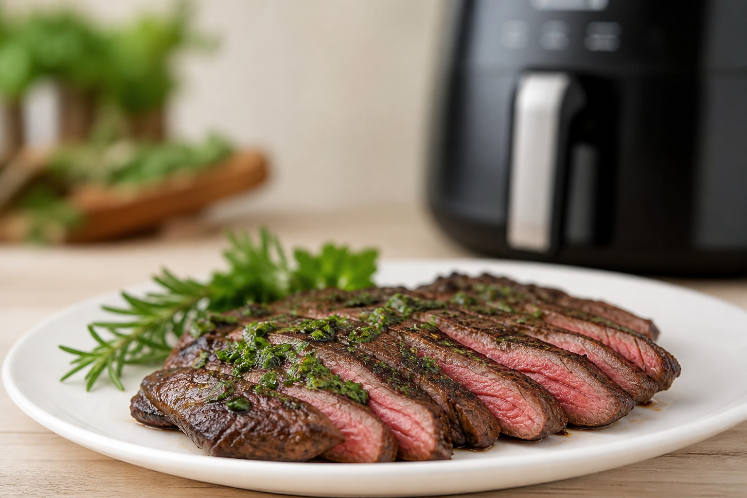 Skåret flanksteak med rosa midte og urter på hvid tallerken