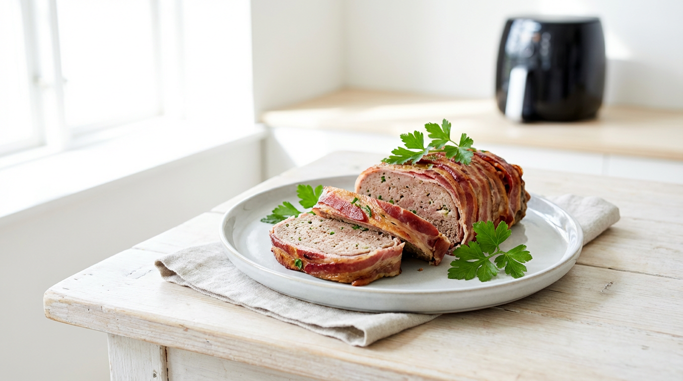 Lys appetitlig madfoto: skiver af forloren hare med bacon på tallerken, lyst træbord, airfryer i blødt fokus i baggrunden