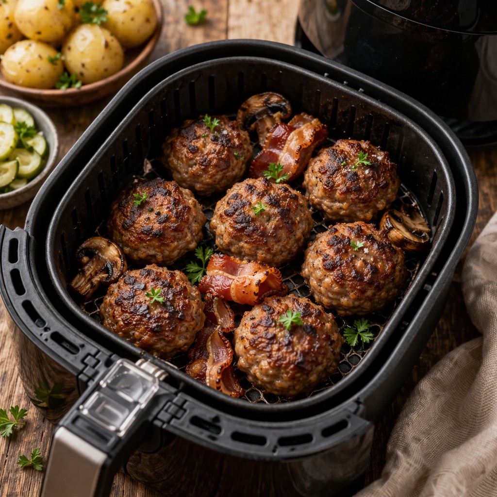 Gyldne frikadeller i airfryer-kurv med bacon, svampe og persille – kartofler og tilbehør i baggrunden