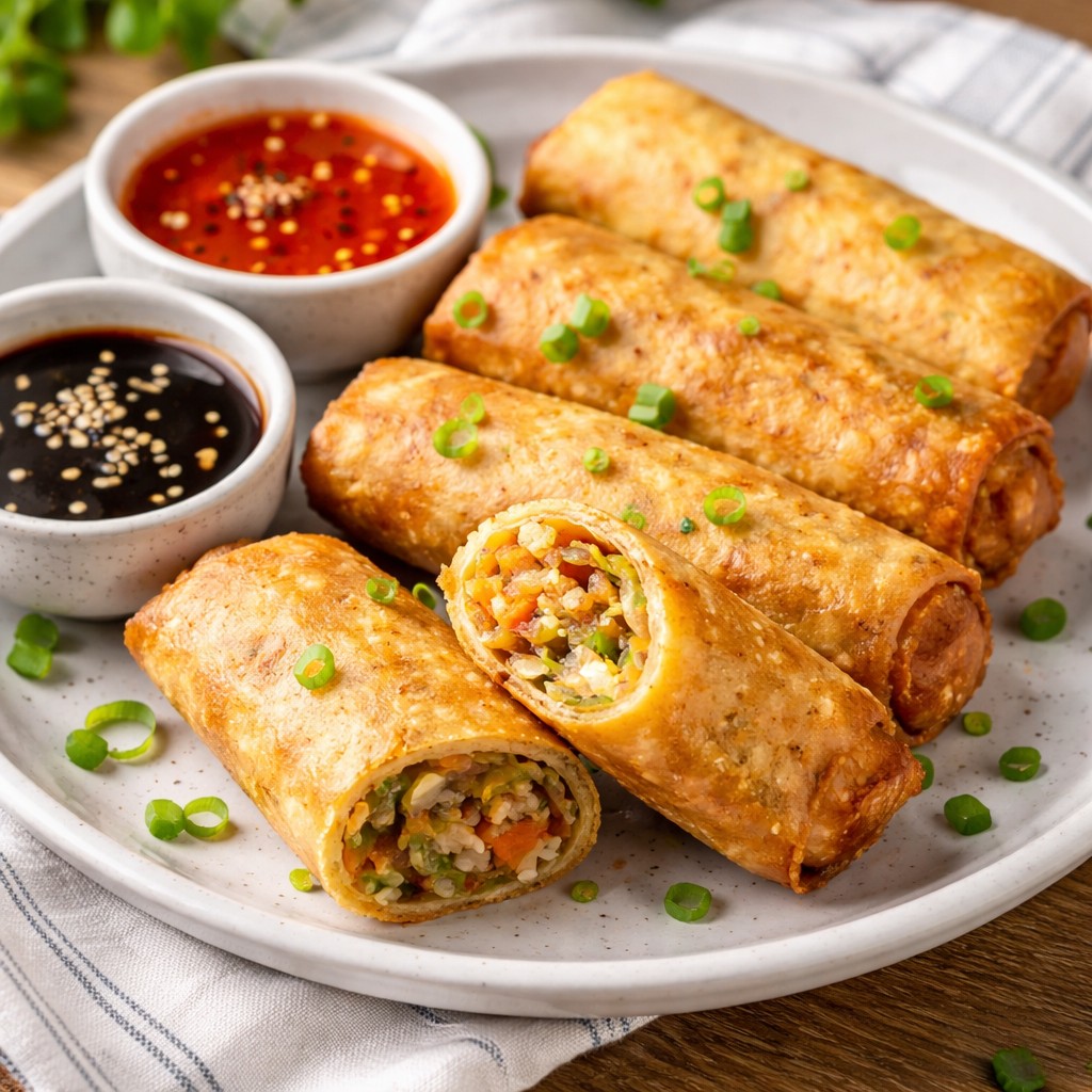 Sprøde frosne forårsruller fra airfryer med sauce og urter på fad