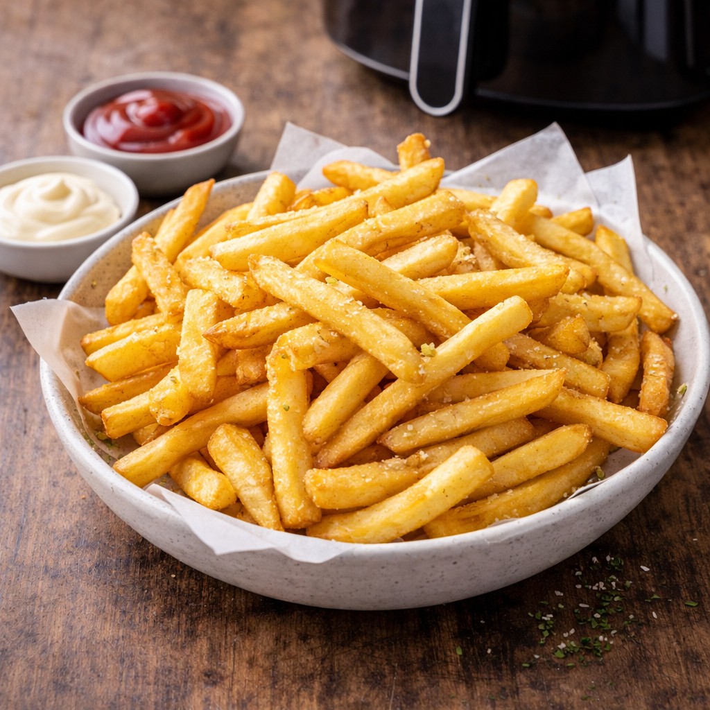 Sprøde gyldne frosne franske kartofler i skål med ketchup og mayo ved siden af