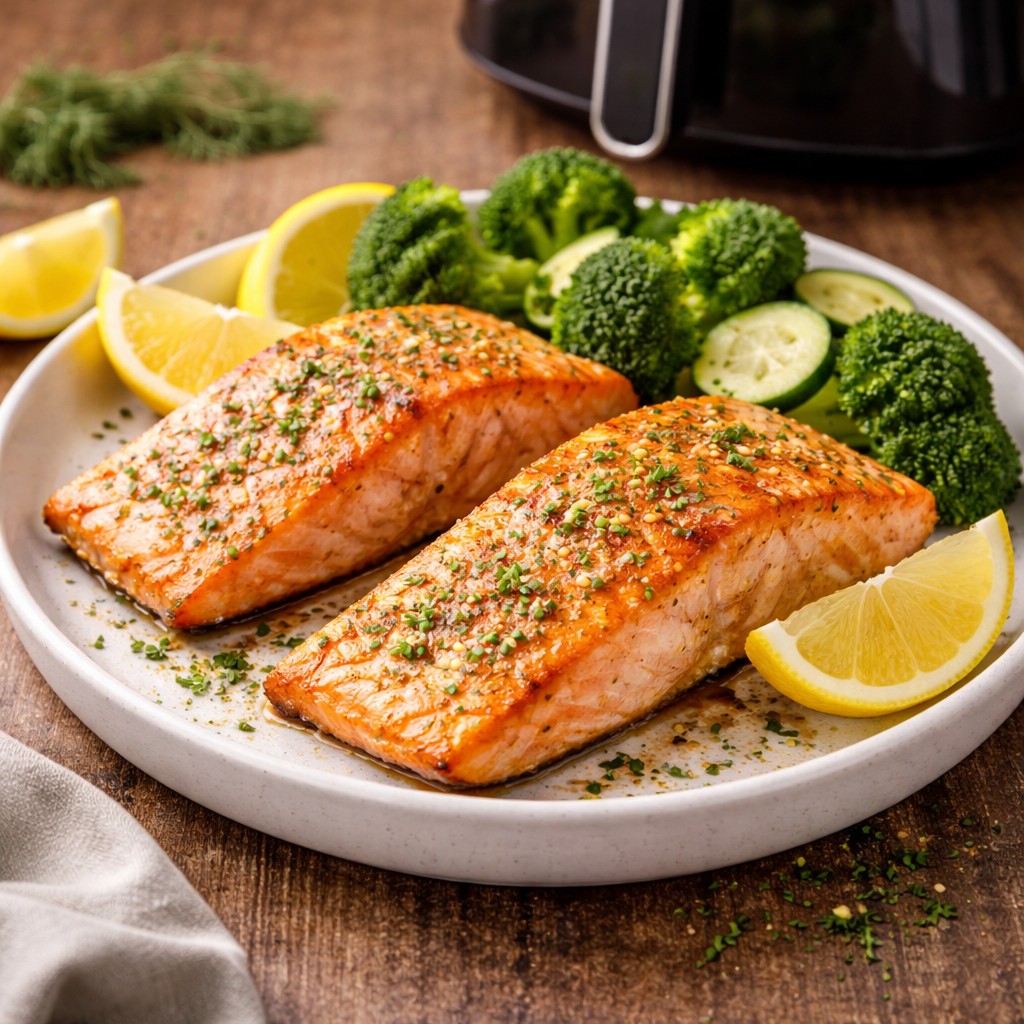 Frossen laks tilberedt i airfryer serveret med broccoli og citron på tallerken