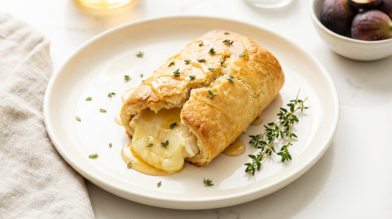 Varm bagt gedeost med flydende honning og timian på hvid tallerken, lyst dessert foto