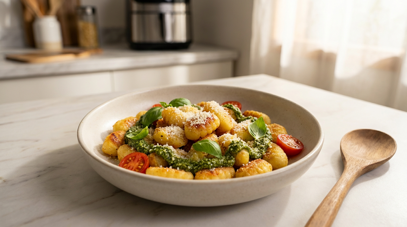 Gyldne gnocchi i skål med pesto drys og parmesanflager, basilikumblad, lyst træ og airfryer i baggrunden