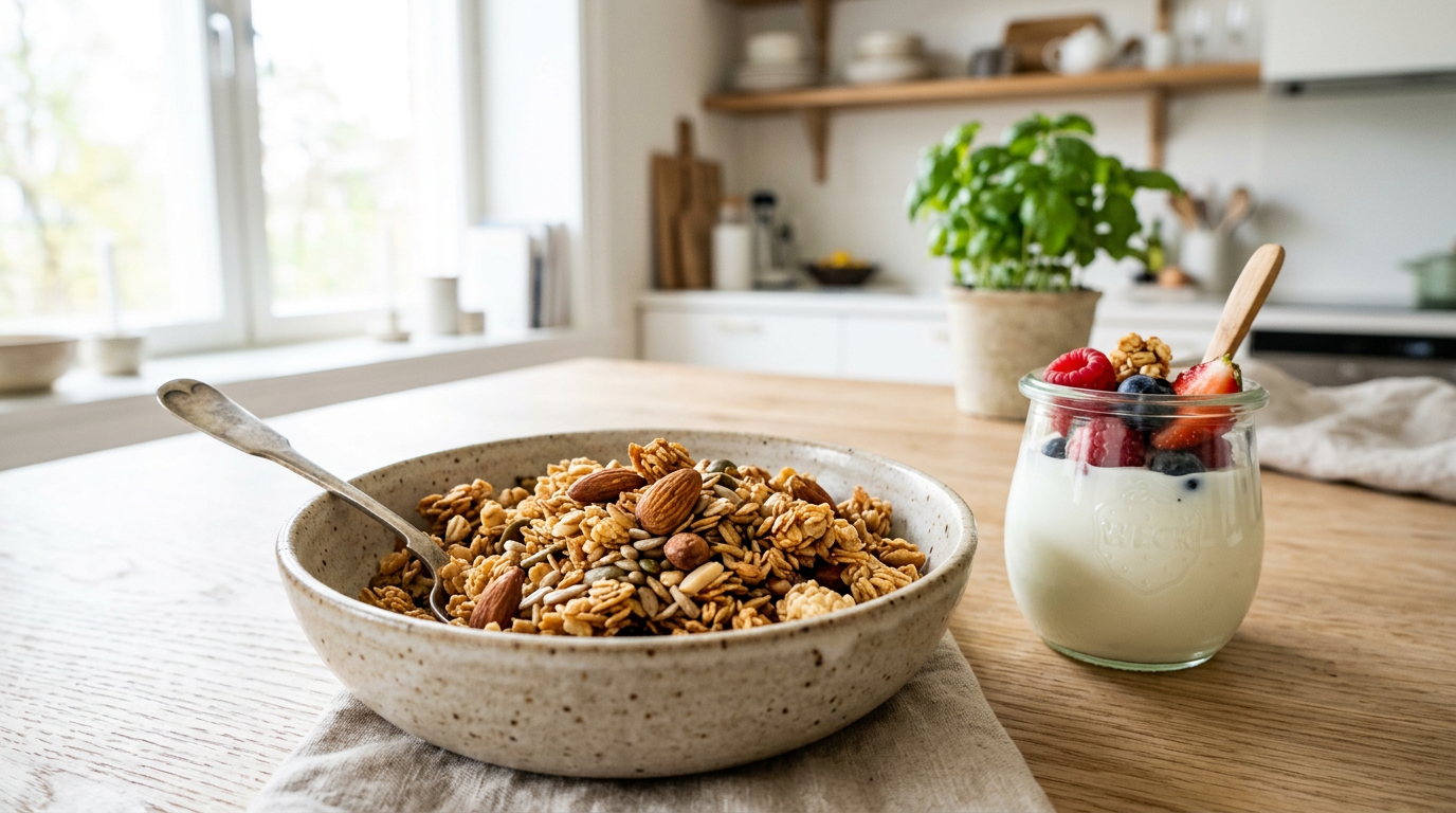 Gyldne granola-klynger i skål med yoghurt og bær ved siden af