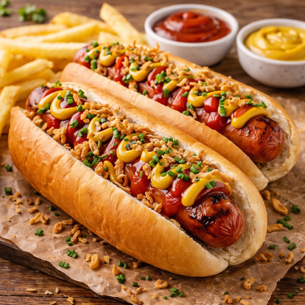 To fyldte hotdogs med ketchup, sennep, sprøde løg og purløg samt pommes frites i baggrunden