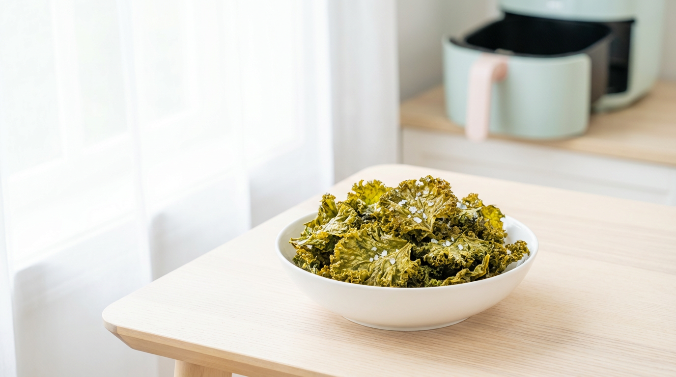 Lys og frisk fotostil: grønkålschips i skål på lyst træ, blød dagslysstemning, airfryer i baggrunden