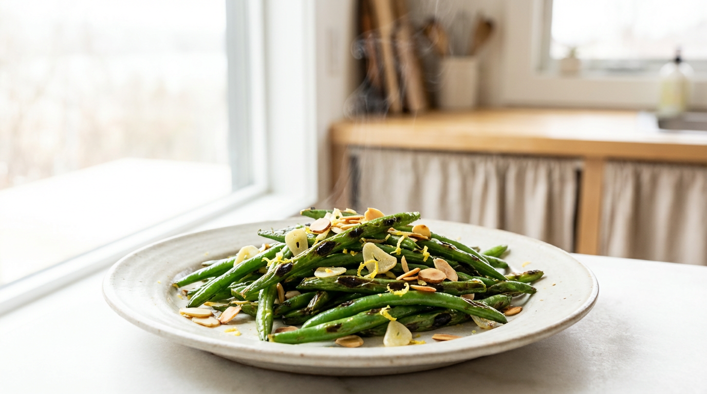 Grønne bønner med gyldne pletter og hvidløg på tallerken, citron, lyst køkkenlys og airfryer i baggrunden