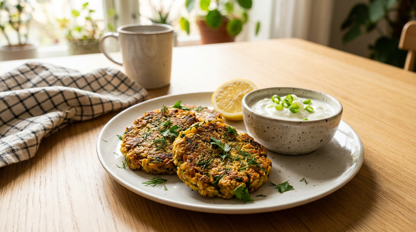 Gyldne grøntsagsbøffer med urter, citronskive og yoghurtdip