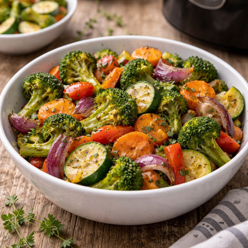 Farverigt bagt grøntsagsmix i hvid skål med broccoli, gulerødder, peber og zucchini på rustikt træbord