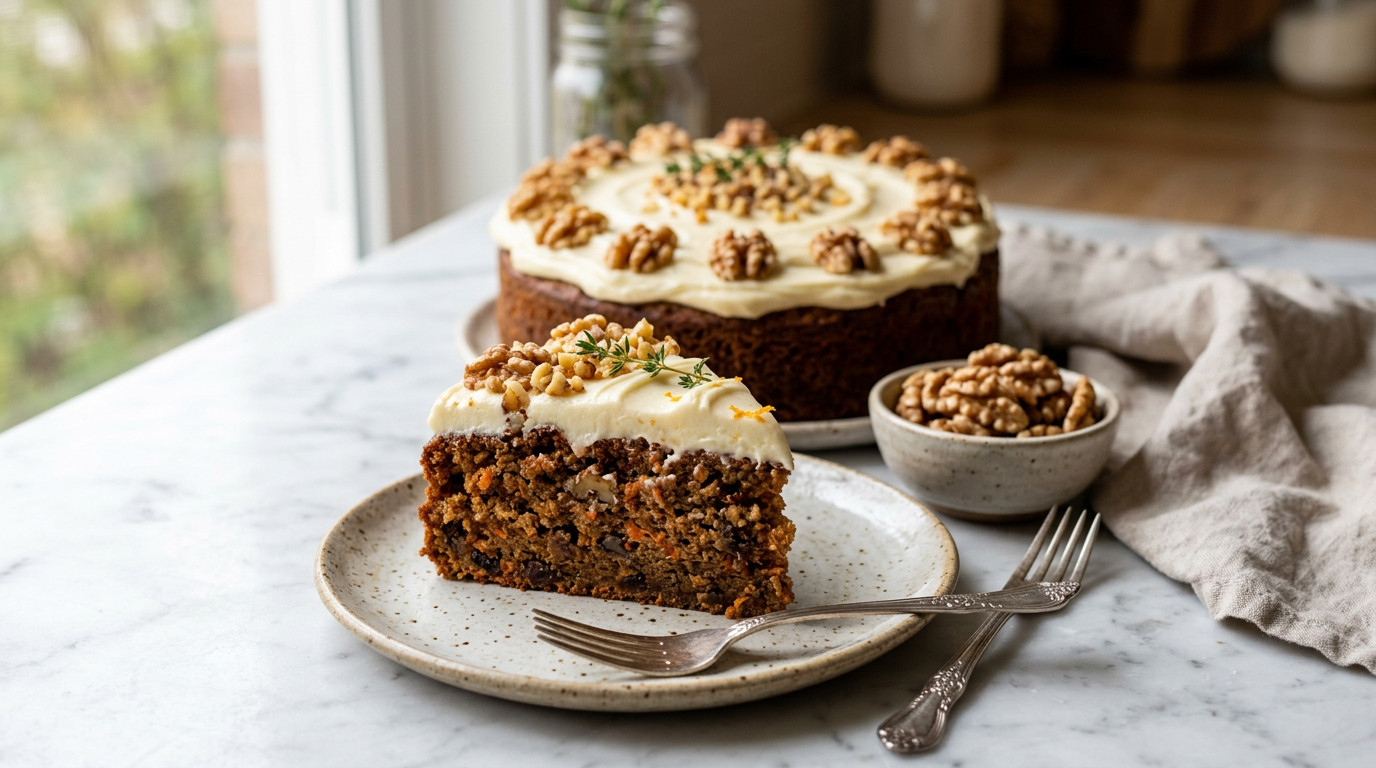 Skåret gulerodskage med ostecreme på tallerken, lyst køkken