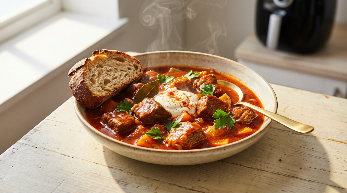 Redaktionelt lys madfoto: damp over gullasch med oksekød, paprika og persille, brød og ske ved siden af, airfryer i blødt fokus