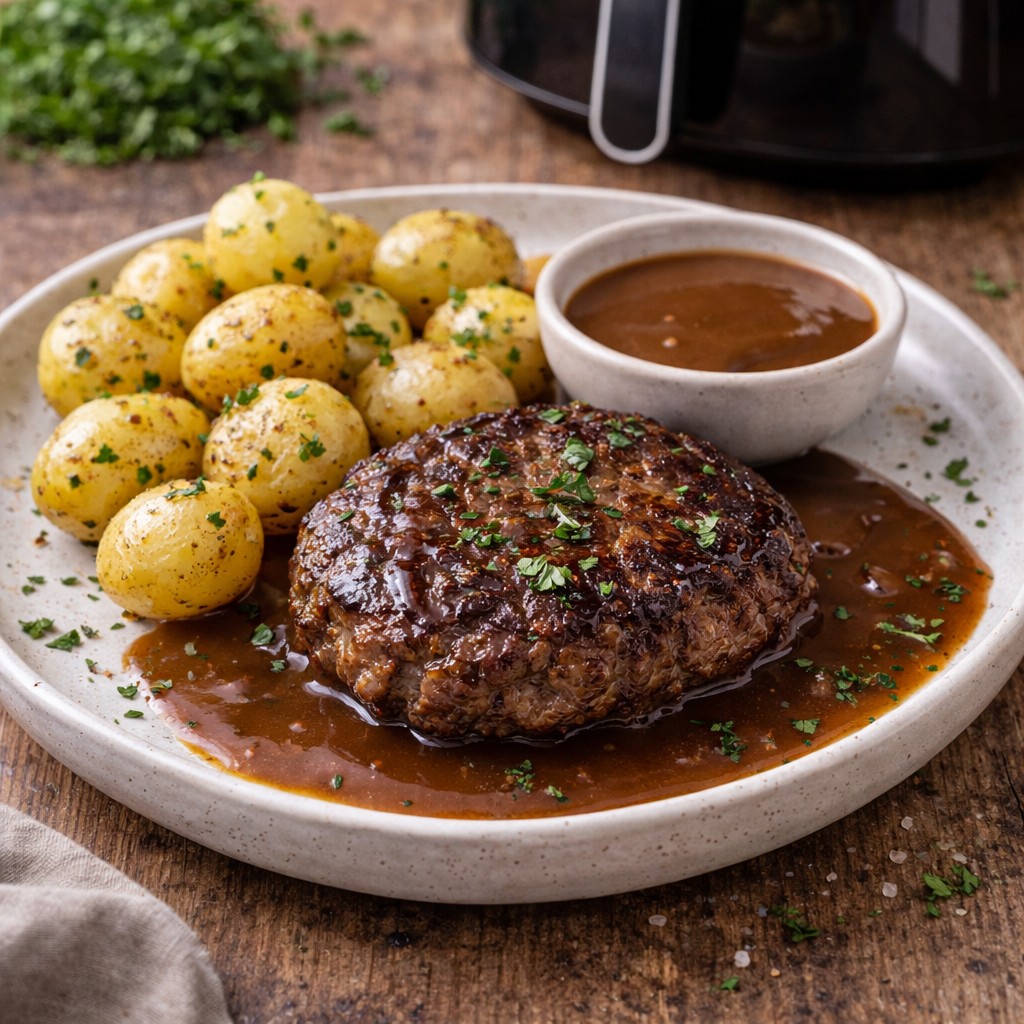 Saftig hakkebøf med brun sovs og kartofler på tallerken foran en airfryer