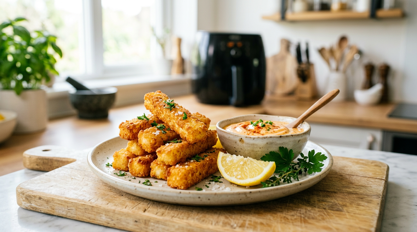 Gyldne halloumi fries med dip og citron på keramiktallerken