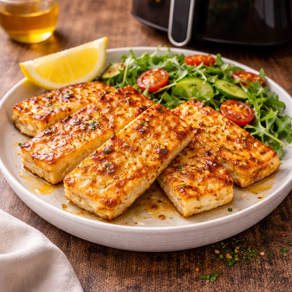 Sprød airfryer halloumi med honning og citron på tallerken