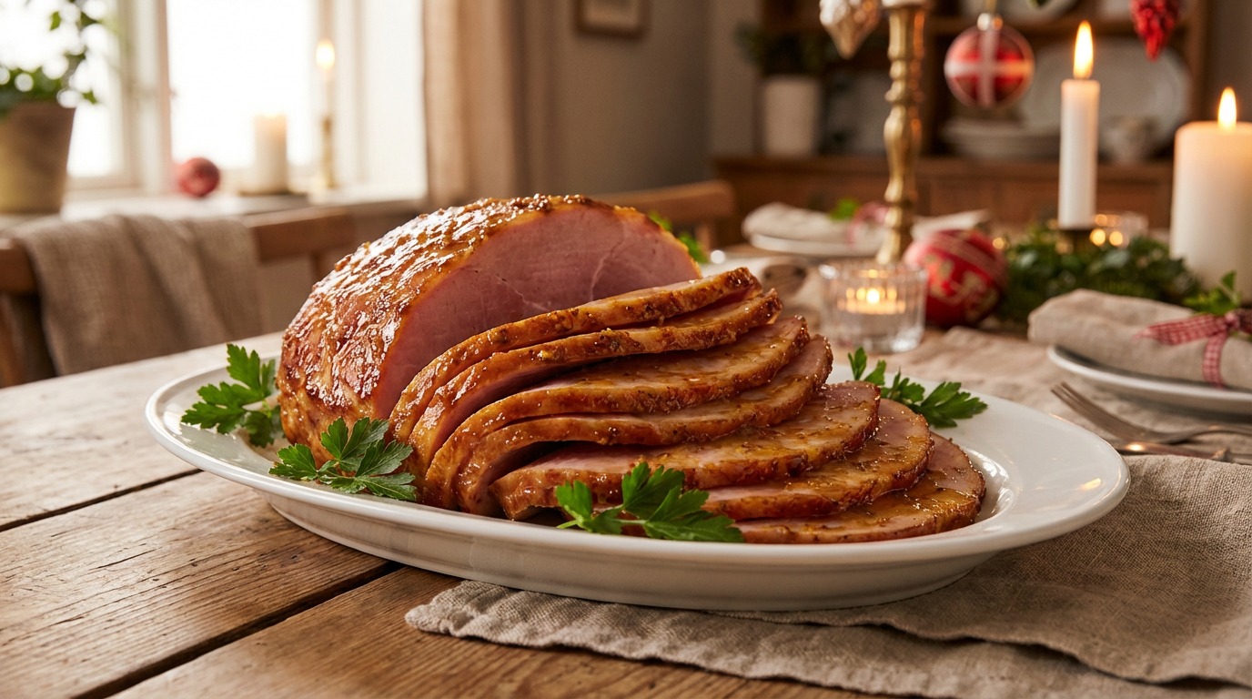 Gyldne skiver hamburgerryg med glasur og sennep på fad med persille