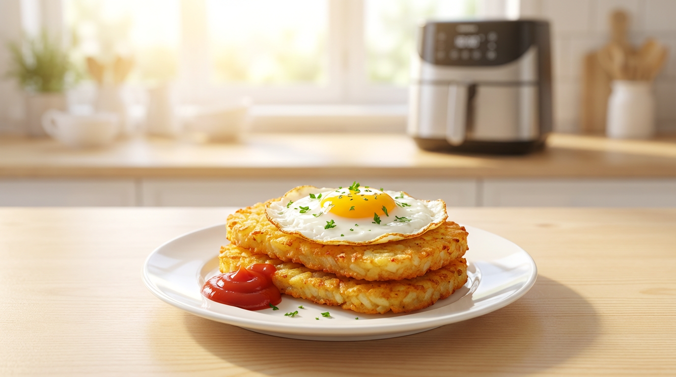 Gyldne hash brown puffer med salt og ketchup på tallerken, æg og persille, lyst køkken og airfryer i baggrunden