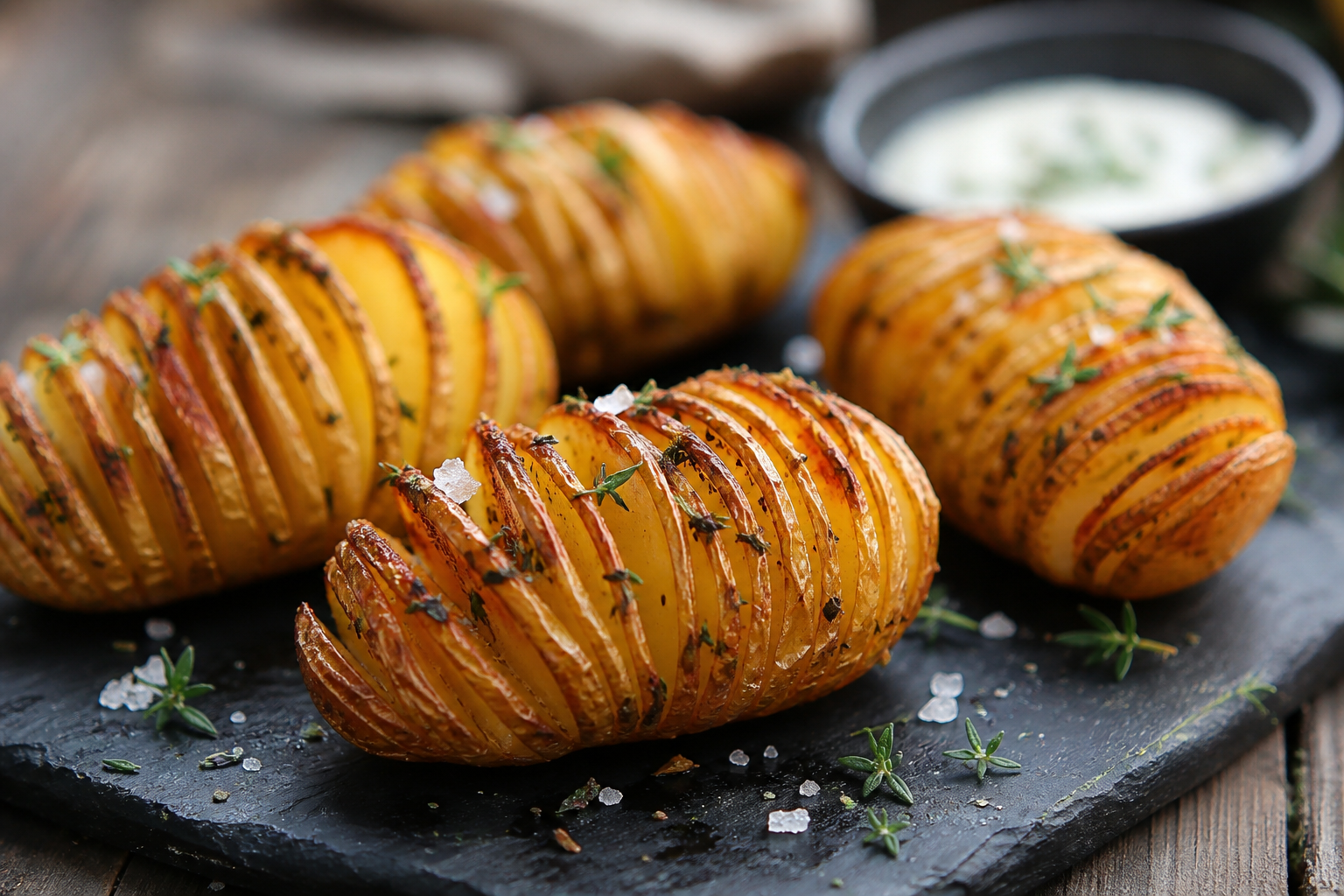 Gyldne hasselback-kartofler med urter på tallerken ved airfryer