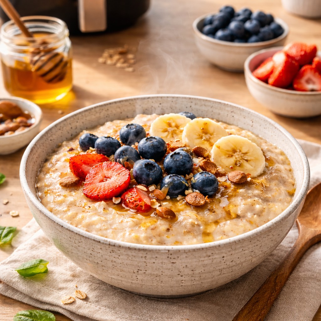 Dampende havregrød i skål med blåbær, jordbær, banan, mandler og honning på træbord, honningglas og airfryer i baggrunden