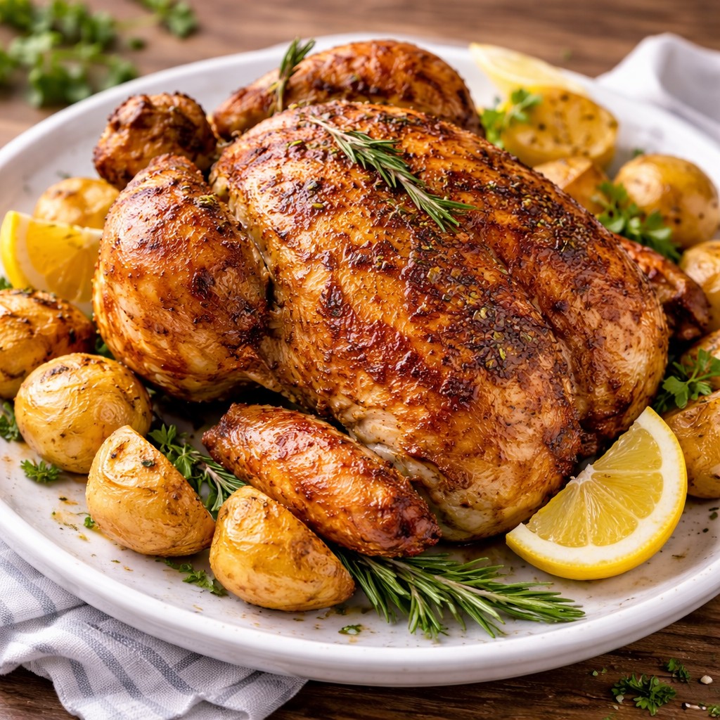 Hel stegt kylling med gyldent skind, rosmarin, citron og små ristede kartofler på hvid tallerken