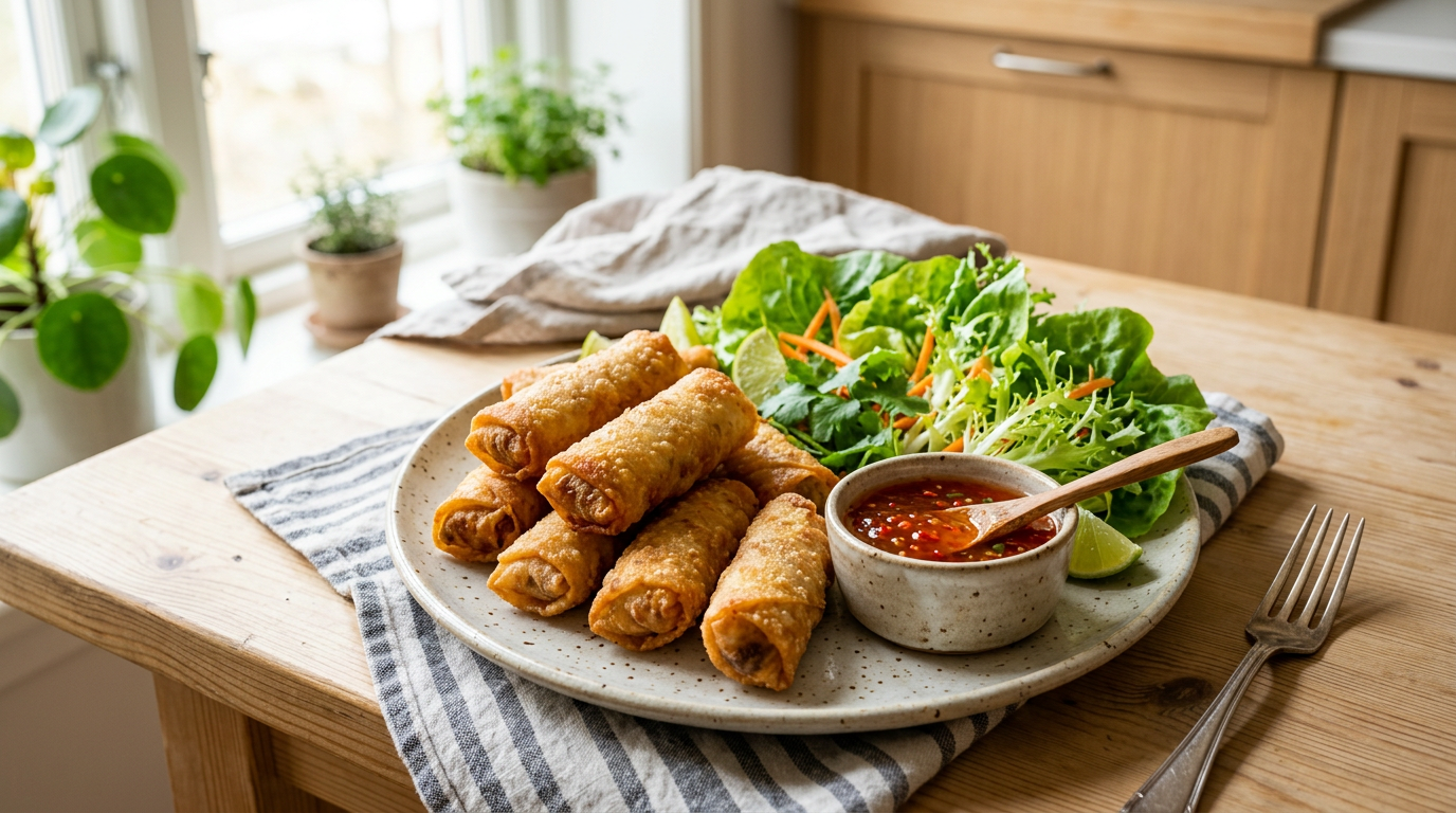 Gyldne hjemmelavede forårsruller med dip og salat på fad