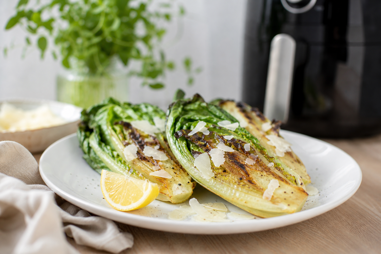 Halve ristede romaine-hjertesalat med parmesan og citron på hvid tallerken