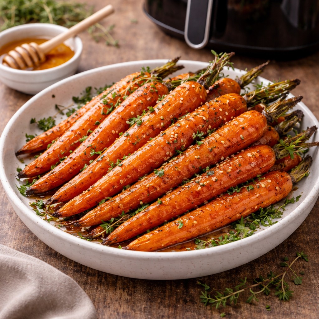 Glaserede honning-gulerødder med timian på tallerken foran en airfryer