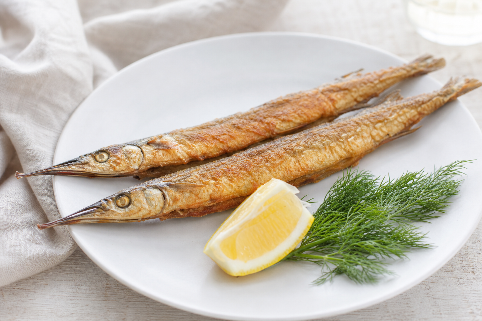 To hele stegte hornfisk med citron og dild på tallerken