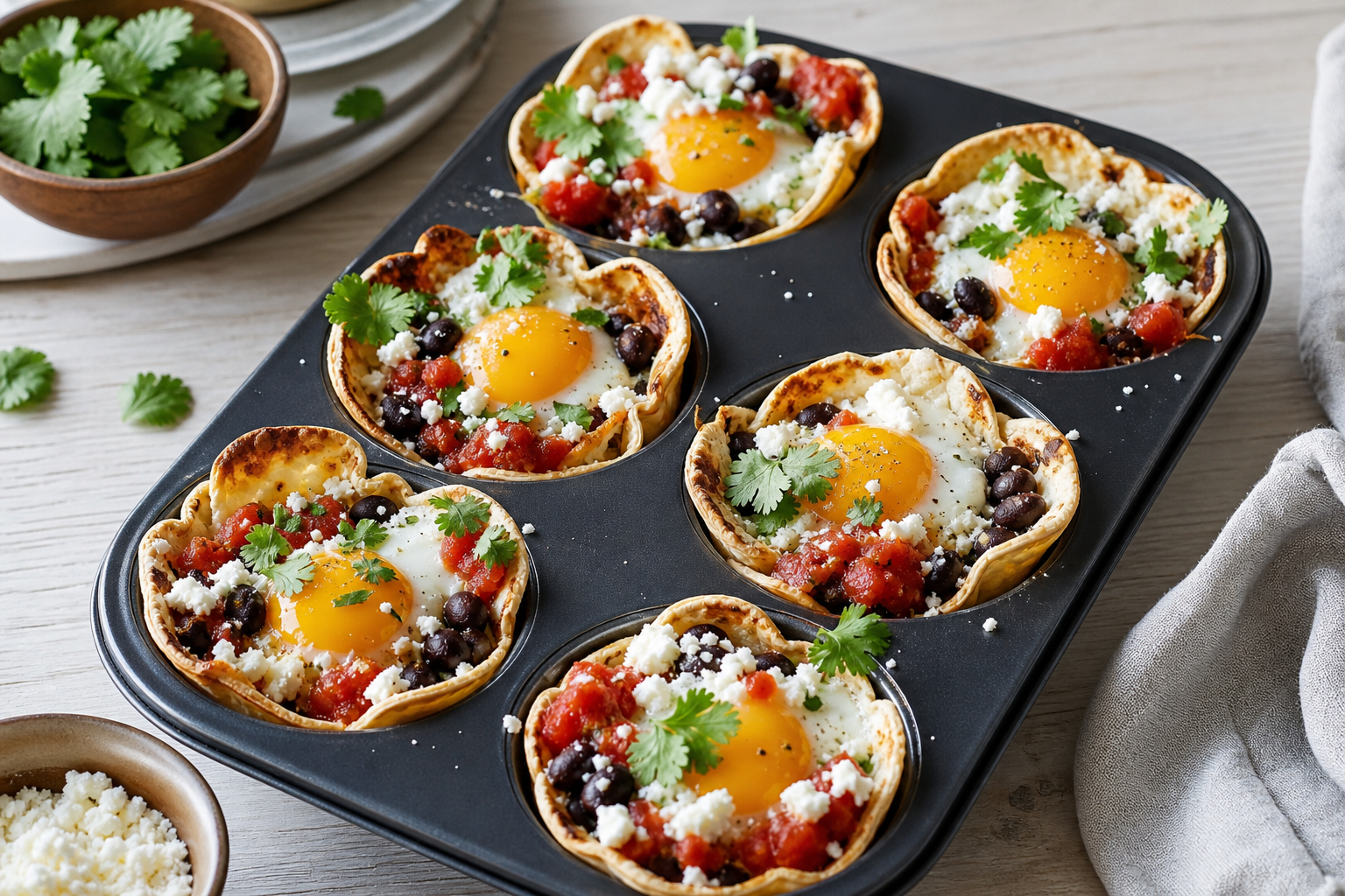 Fire små tortillas i form med salsa, æg og ost i muffinform