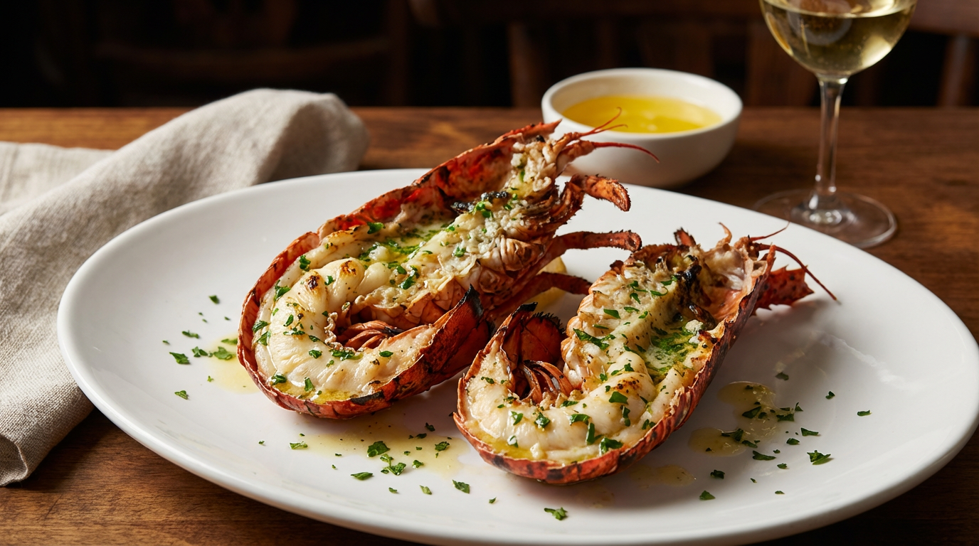 Tilberedte hummerhaler med urter og citron på hvid tallerken