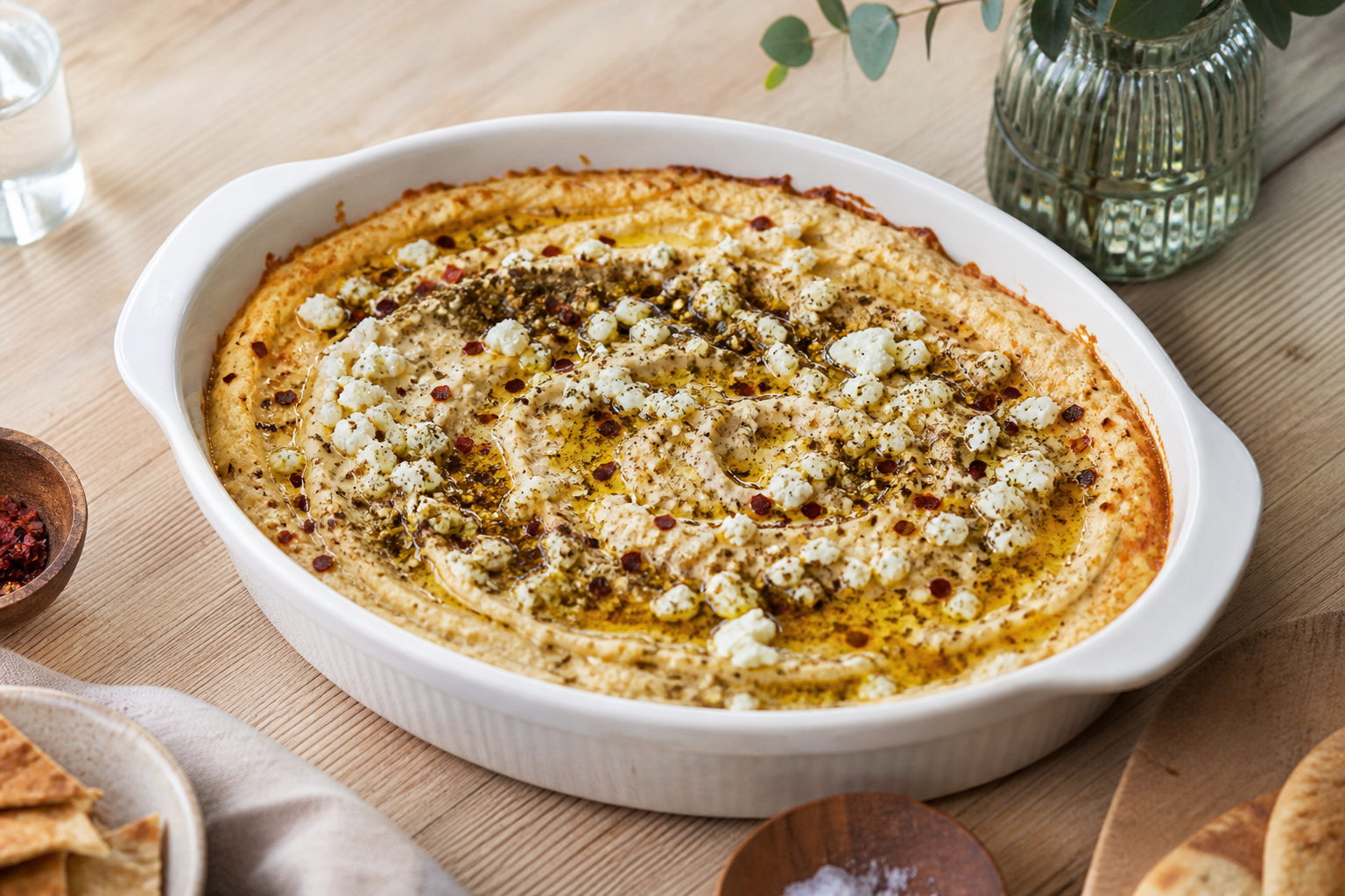 Ovnbagt hummus i fad med feta, krydderiolie og krydder på bord