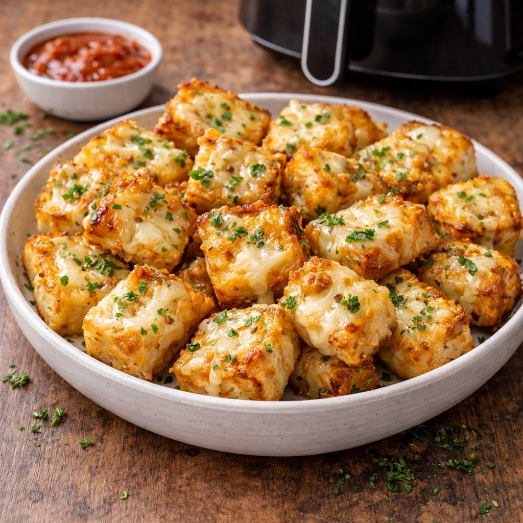 Crispy hvidløgsbrød-bites med smeltet ost og krydderi på fad