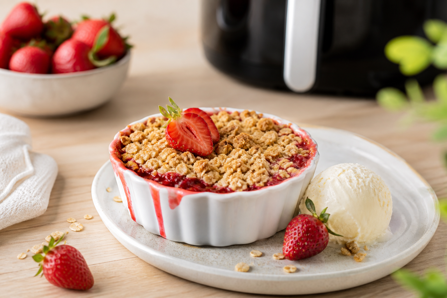 Jordbærcrumble med gylden havretopping i lille skål på hvid tallerken